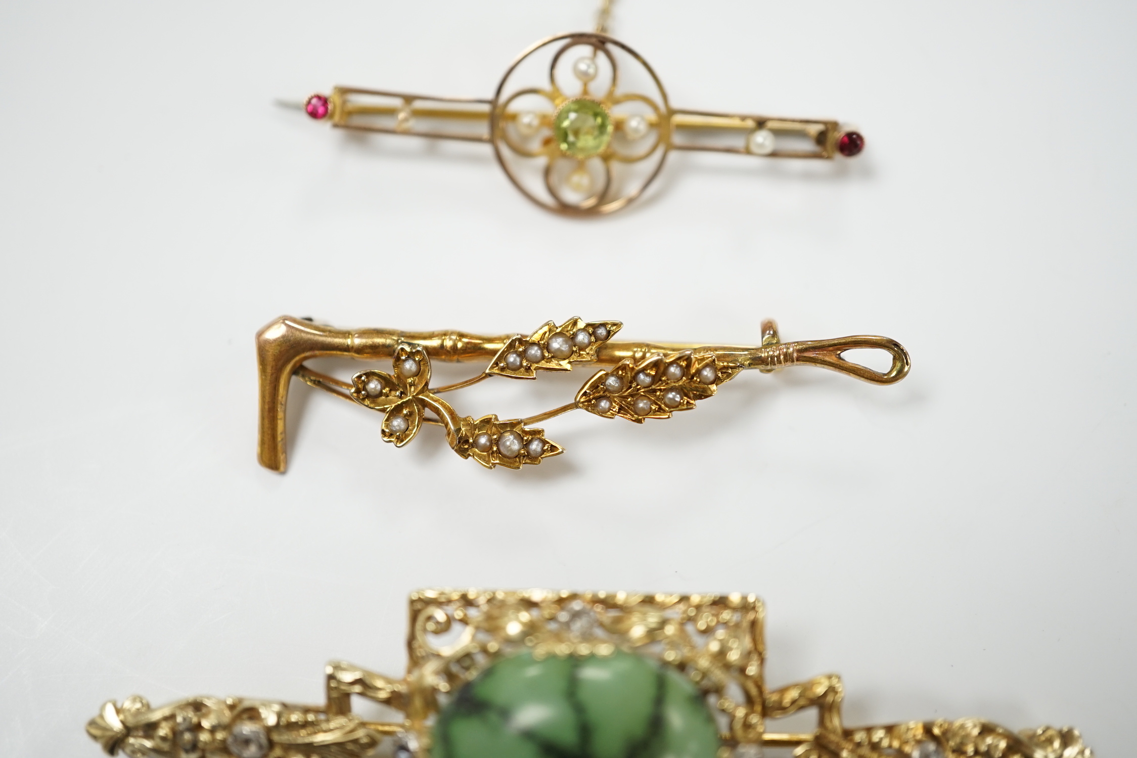 A modern 9ct gold, turquoise and diamond set bar brooch, 69mm and two Edwardian 9ct and gem set bar brooches, including seed pearl set riding crop and spray brooch, gross weight 14.1 grams.